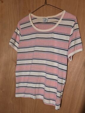 Vintage 70s Striped Short Sleeve Tee in Pink & White by College Point